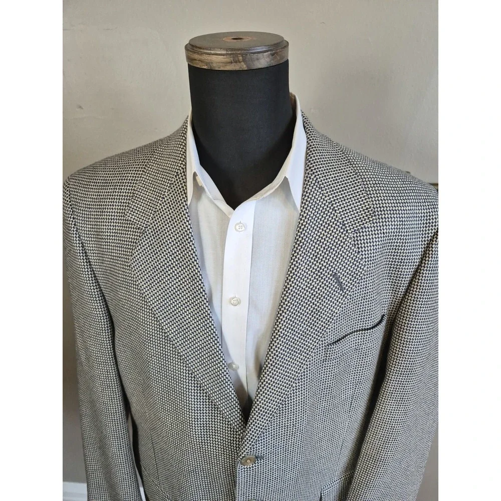 Jeffrey Banks Mens Wool Silk Sport Coat 36L Blue Cream Geometric 3 Button Jacket